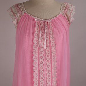 🌺 Vintage 60's Cotton Candy Pink Lace Nightgown Nightie Babydoll Teddy Chemise